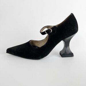 John Fluevog Suede Leather Pointed Square Toe Chunky Curve Heel Mary Jane Witchy